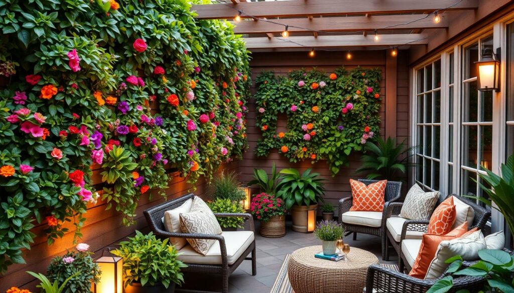 Colorful patio with vertical gardens