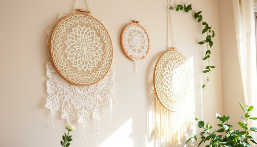 DIY lace and embroidery hoop wall art